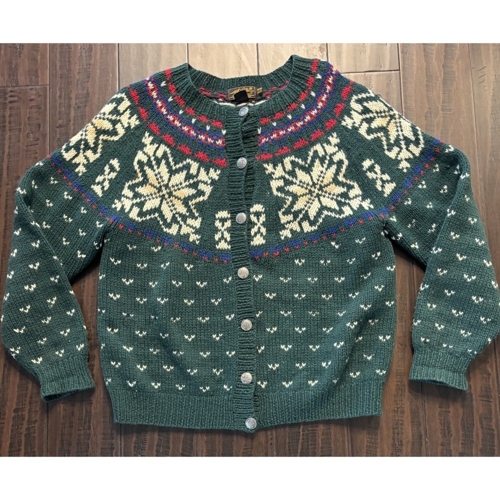 Eddie Bauer Sweater Womens M Petite Fair Isle Snowflake Button Up Wool 90s READ